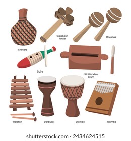 Set of Wooden African Music Instrument Set collection with shekere, calabash rattle, maracas, guiro, slit wooden drum, balafon, darbuka, djembe and kalimba, vector cartoon isolated illustration.