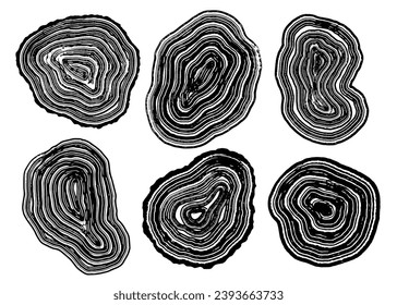 Set of wooden annual rings textures. Black and white tree ring patterns.Stamp of tree trunk in section isolated on white background. Natural wooden concentric circles