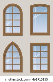 A set of wooden arched windows and a classic design in vector graphics.