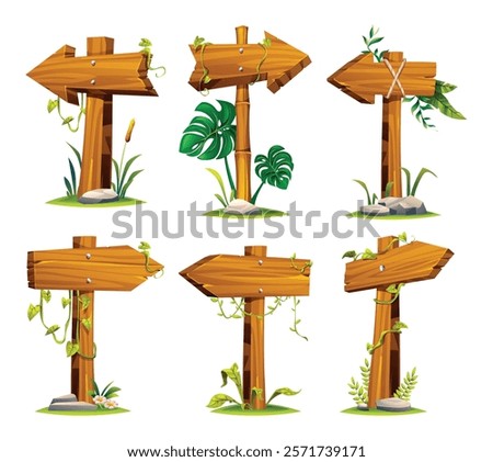 Set of wooden arrow signposts surrounded by tropical plants and hanging vines. Vector cartoon illustration