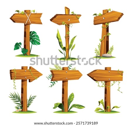 Set of wooden arrow signposts surrounded by tropical plants and grass. Vector cartoon illustration