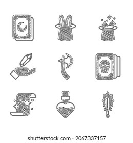 Ponga hacha de madera, botella con poción, espada mágica en fuego, tarjetas Tarot, pergamino, piedra, sombrero e ícono. Vector