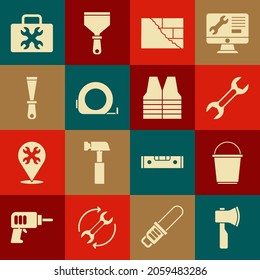Set Wooden axe, Bucket, Wrench spanner, Bricks, Roulette construction, Putty knife, Toolbox and Safety vest icon. Vector