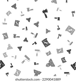 Set Wooden axe, Builder, Graphing paper and wrench and Paint roller brush on seamless pattern. Vector