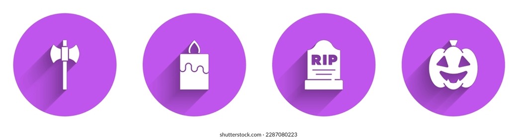 Set Wooden axe, Burning candle, Tombstone with RIP written and Pumpkin icon with long shadow. Vector