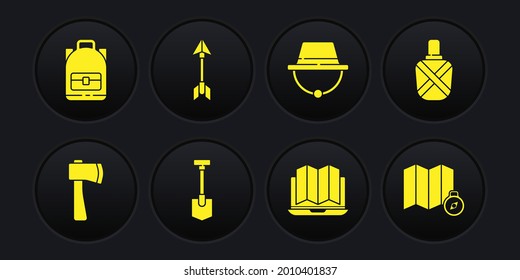 Set Wooden axe, Canteen water bottle, Shovel, Location of the forest in laptop, Camping hat, Hipster arrow, map and Hiking backpack icon. Vector