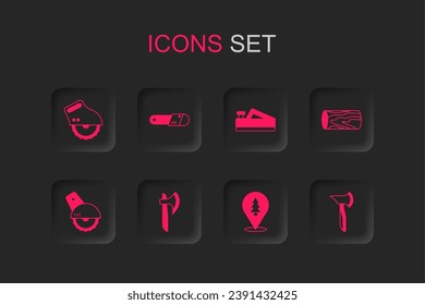 Establecer hacha de madera, chainsaw, circular eléctrica, ubicación del bosque, registro, herramienta de plano e icono. Vector