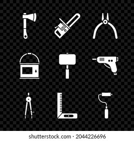 Set Wooden axe, Chainsaw, Pliers tool, Drawing compass, Corner ruler, Paint roller brush, bucket and Sledgehammer icon. Vector