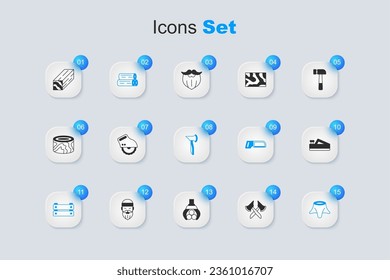 Set Wooden axe, Electric circular saw, log, box, Tree stump, plane tool, beam and  icon. Vector