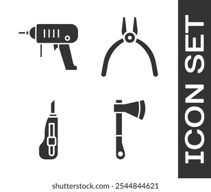 Set Hacha de madera, máquina de taladro eléctrico, cuchillo de papelería y alicates icono de herramienta. Vector