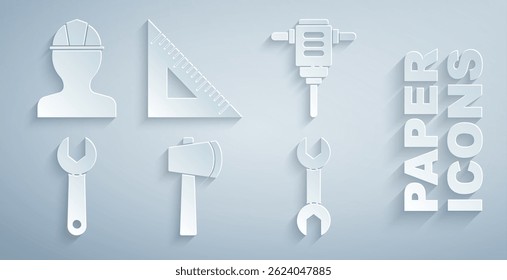 Set Wooden axe, Electric rotary hammer drill, Wrench spanner, Triangular ruler and Worker safety helmet icon. Vector