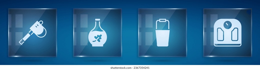Set Wooden axe, Essential oil bottle, Sauna bucket and Bathroom scales. Square glass panels. Vector