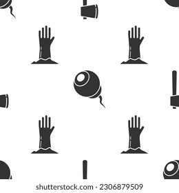 Set Wooden axe , Eye  and Zombie hand  on seamless pattern. Vector