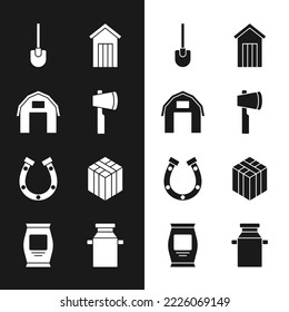 Set Wooden axe, Farm house, Shovel, outdoor toilet, Horseshoe, Bale of hay, Can container for milk and Fertilizer bag icon. Vector