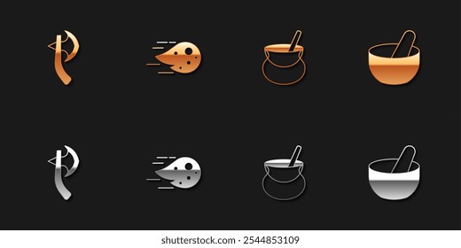 Set Hacha de madera, bola de fuego, caldero de bruja e icono. Vector