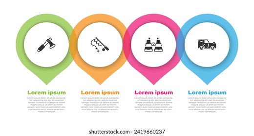 Set Wooden axe, Fishing rod, Binoculars and Off road car. Business infographic template. Vector