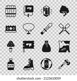 Ponga hacha de madera, mapa doblado, barco de orejas o palas, piedra de gema, collar con gema, corona de rey, barril e icono de espada medieval. Vector