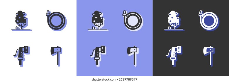 Set Wooden axe, Fruit tree, Garden hose and  icon. Vector