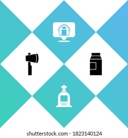 Set Wooden axe, Full sack, Location farm house and Paper package for milk icon. Vector.