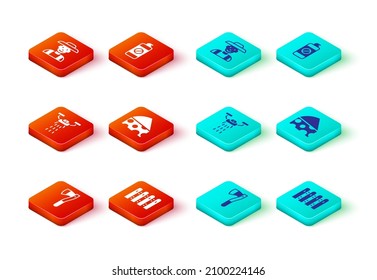 Set Wooden axe, Garden fence wooden, Smart farm with drone, Cheese, sprayer for fertilizer and Farmer in the hat icon. Vector