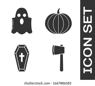 Set Wooden axe , Ghost , Coffin with christian cross  and Pumpkin  icon. Vector