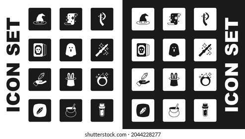 Set Wooden axe, Ghost, Tarot cards, Witch hat, Magic wand, scroll, stone ring and  icon. Vector