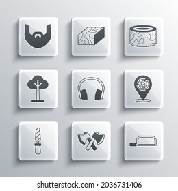 Set Wooden axe, Hacksaw, logs, Headphones, Rasp metal file, Tree, Mustache and beard and stump icon. Vector