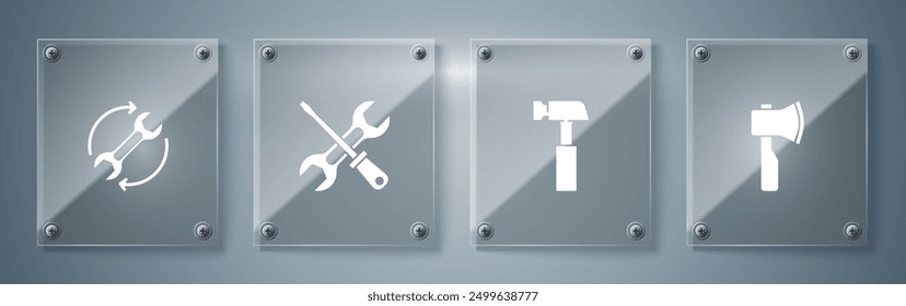 Set Wooden axe, Hammer, Screwdriver and wrench and Wrench arrows as workflow. Square glass panels. Vector