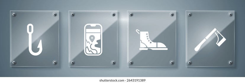 Set Wooden axe, Hiking boot, City map navigation and Fishing hook. Square glass panels. Vector