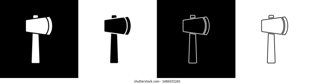 Set Wooden axe icon isolated on black and white background. Lumberjack axe.  Vector Illustration