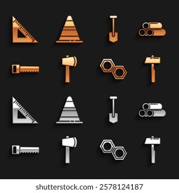 Set Wooden axe, Industry metallic pipe, Hammer, Hexagonal nut, Hand saw, Shovel, Triangular ruler and Traffic cone icon. Vector