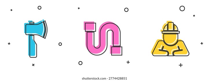 Set Wooden axe, Industry pipe and Builder icon. Vector