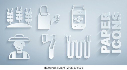 Set Wooden axe, Jar of honey, Farmer in the hat, Garden hose, Watering can and Wheat icon. Vector