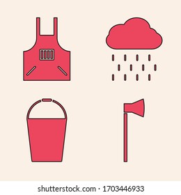 Set Wooden axe, Kitchen apron, Cloud with rain and Bucket icon. Vector
