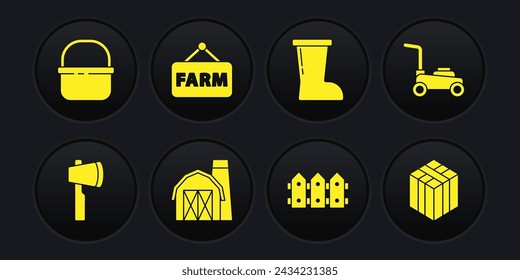 Set Wooden axe, Lawn mower, Farm house, Garden fence wooden, Waterproof rubber boot, Signboard with text, Bale hay and Basket icon. Vector