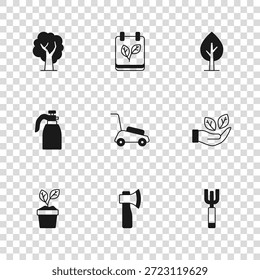 Conjunto de hacha de madera, hoja en mano, horquilla de jardín, cortadora de césped, árbol, calendario con hojas de otoño y pulverizador icono de agua. Vector