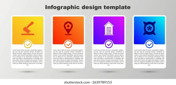 Set Wooden axe, Location with flower, Farm house and Pack full of seeds of plant. Business infographic template. Vector