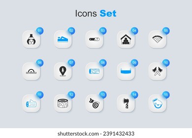 Set Wooden axe, Location of the forest, plane tool, log, Electric circular saw, Grapple crane grabbed and  icon. Vector