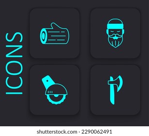 Set Wooden axe, log, Lumberjack and Electric circular saw icon. Black square button. Vector
