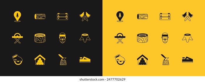 Set Wooden axe, logs, Lumberjack, in stump, box, Location of the forest and  icon. Vector