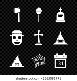 Set Wooden axe, Lollipop, Tombstone with RIP, Witch hat, Spider web, Calendar Halloween date 31 october, Zombie mask and cross icon. Vector