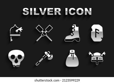 Set Wooden axe, Magic rune, Viking in horned helmet, Old money bag, Skull, Ancient viking boots,  and Oars paddles boat icon. Vector