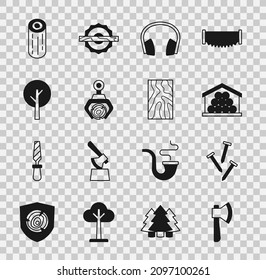 Set Wooden axe, Metallic nails, logs, Headphones, Grapple crane grabbed, Tree,  and beam icon. Vector