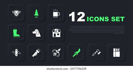 Set Wooden axe, Open matchbox and matches, Hunting dog, Hunter knife, Waterproof rubber boot, Flashlight, Tree and Medieval bow arrow icon. Vector