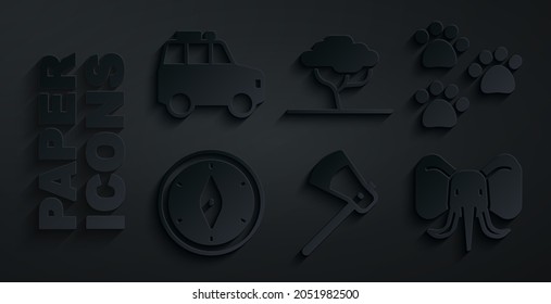 Set Wooden axe, Paw print, Compass, Elephant, African tree and Car icon. Vector