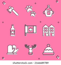 Set Wooden axe, Paw print, Maple syrup, Beer bottle, Flag of Canada, House, Christmas mitten and Moose head with horns icon. Vector