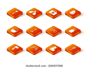 Set Wooden axe, Picnic table with benches, Camping pot, Hipster arrow, Thermos container and cup, Binoculars, Burning match fire and gas stove icon. Vector