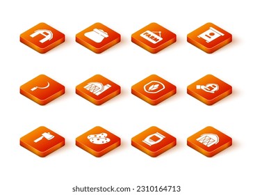 Set Wooden axe, Potato, Sickle, Farm house, Fertilizer bag, Shield corn,  and in hand icon. Vector