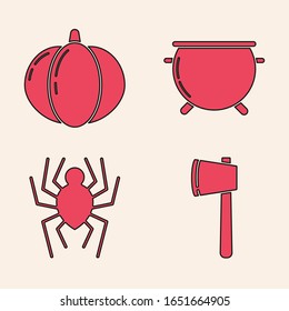 Set Wooden axe , Pumpkin , Halloween witch cauldron  and Spider  icon. Vector