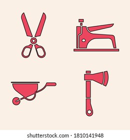 Set Wooden axe, Scissors, Construction stapler and Wheelbarrow icon. Vector